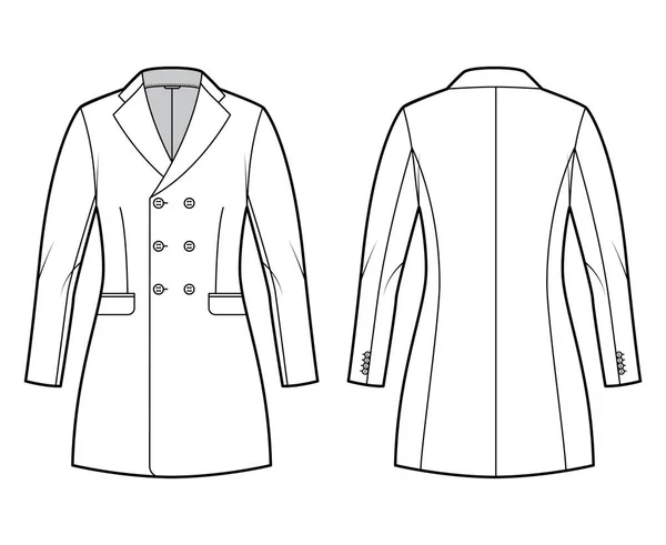 Casaco equipado dupla breasted terno técnico moda ilustração com mangas compridas, gola entalhada, comprimento da ponta do dedo —  Vetores de Stock