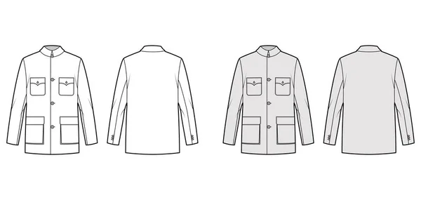 Mao jaqueta técnica moda ilustração com oversized, colarinho clássico, bolsos de aba, mangas compridas, fechamento de botão. —  Vetores de Stock
