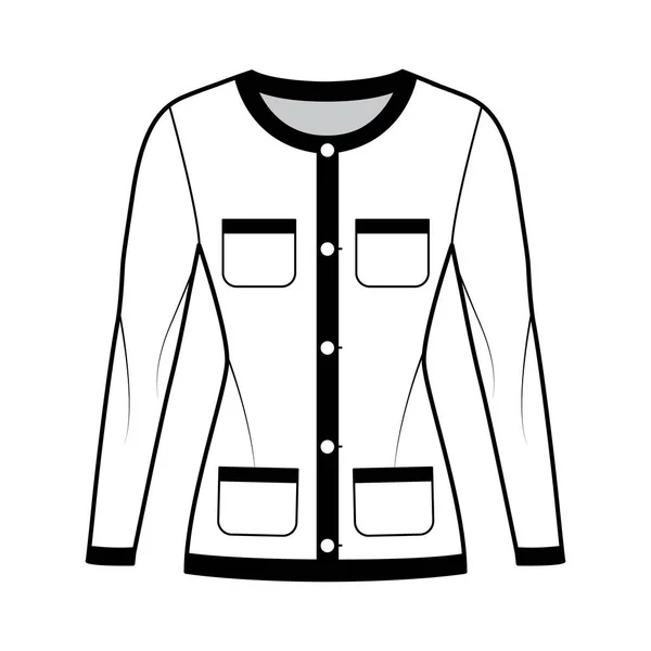 Blazer Jacket comme Chanel costume illustration de mode technique avec manches longues, poches plaquées, ajusté, fermeture à bouton — Image vectorielle