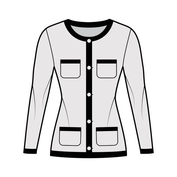 Chaqueta chaqueta como Chanel traje ilustración de moda técnica con mangas largas, bolsillos de parche, ajustado, cierre de botón — Vector de stock