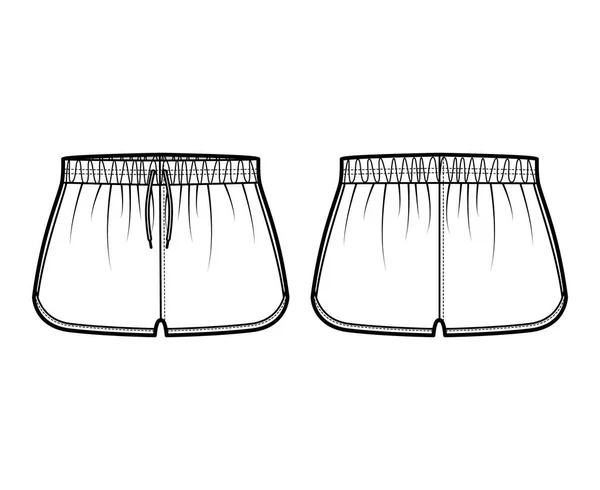 Pantalones cortos deportivos Activewear técnica moda ilustración con cintura baja elástica, subida, bolsillos, Flowy Split Hem — Archivo Imágenes Vectoriales