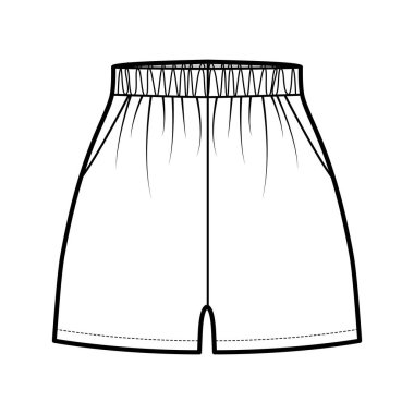 Spor antrenmanı şortları. Esnek, normal bel, yüksek atlama, mikro uzunluklu, teknik moda illüstrasyonları.