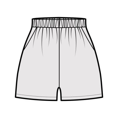 Spor antrenmanı şortları. Esnek, normal bel, yüksek atlama, mikro uzunluklu, teknik moda illüstrasyonları.