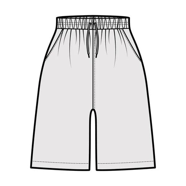 Active Shorts Sport träning teknisk mode illustration med elastisk normal midja, hög uppgång, Dragsko, fickor — Stock vektor