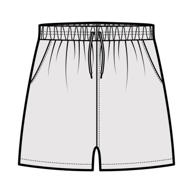 Spor eğitimi şortu, elastik bel altı, yükselme, çekme telli, rahat formda mikro uzunluklu moda illüstrasyonları.