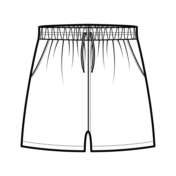 Sport training shorts illustrazione tecnica di moda con elastico vita bassa, aumento, coulisse, Calzata rilassata micro lunghezza — Vettoriale Stock