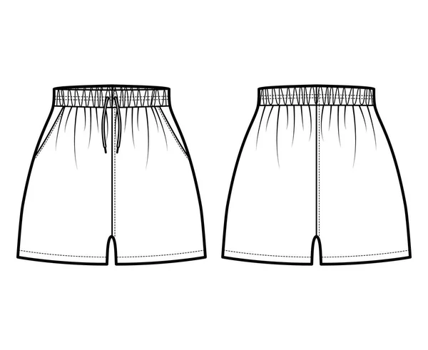 Sport Träningsshorts Activewear teknisk modeillustration med normal midja, dragband, Avslappnad passform mikrolängd — Stock vektor