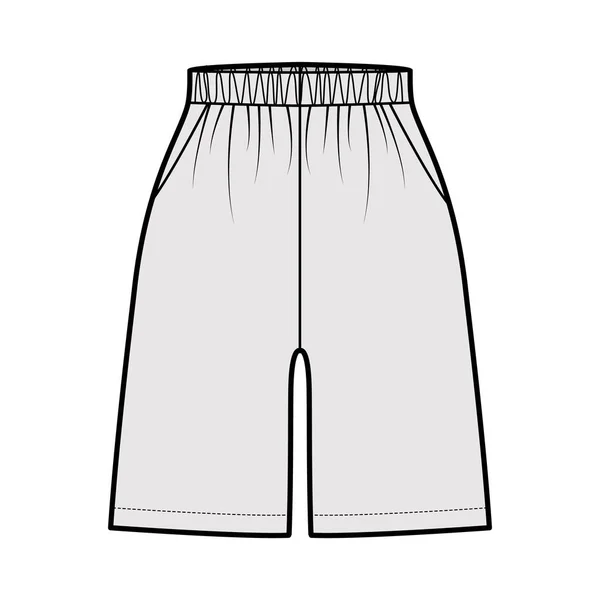 Active Shorts Sport träning teknisk mode illustration med elastisk normal midja, hög uppgång, Dragsko, fickor — Stock vektor