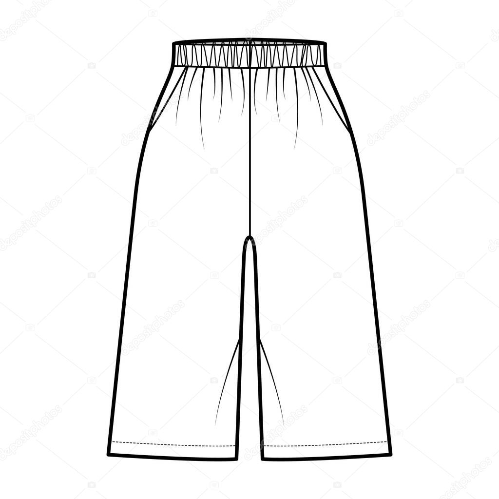 Bermuda Pocket Short technical fashion illustration with elastic normal low waist, high rise, Relaxed fit, knee length