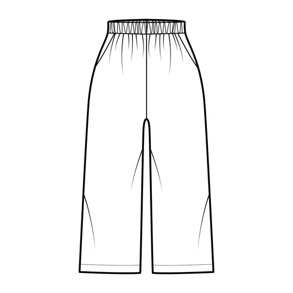 Bermuda Shorts Activewear technische Modeillustration mit elastischer normaler Taille, Hochhaus, Entspannte Passform, Wadenlänge — Stockvektor
