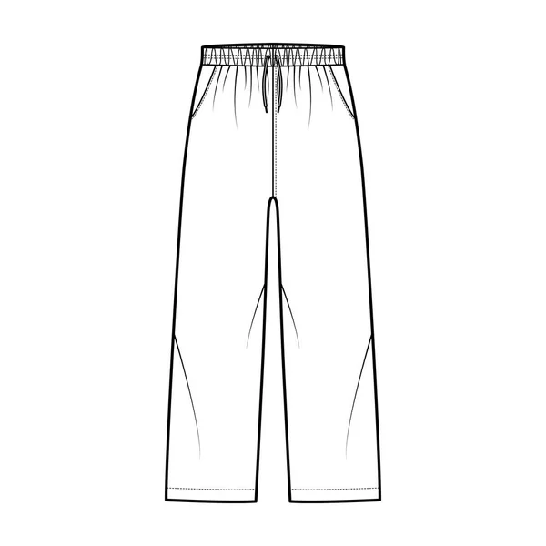 Pantalones Pull-On Pantalones deportivos cortos de entrenamiento ilustración técnica de moda con cintura baja elástica, subida, cordones, bolsillos — Archivo Imágenes Vectoriales