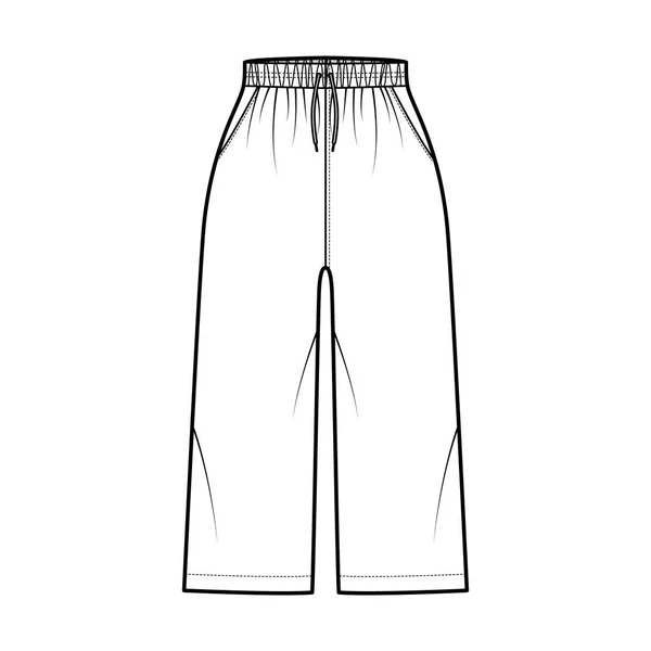 Bermudy kraťasy Activewear technické módní ilustrace s elastickým normálním pasem, vzestupem, stahovací šňůrky, kapsy, Uvolněné — Stockový vektor