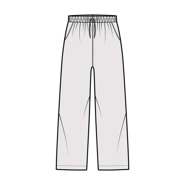 Latihan Olahraga Tarik-Pada Celana Ilustrasi mode teknis dengan pinggang rendah elastis, bangkitlah, tali celana, saku - Stok Vektor