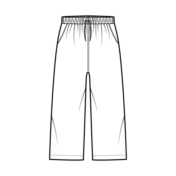 Bermudy kraťasy Activewear technické módní ilustrace s elastickým spodním pasem, vzestupem, stahovací šňůrky, kapsy, Uvolněné uložení — Stockový vektor