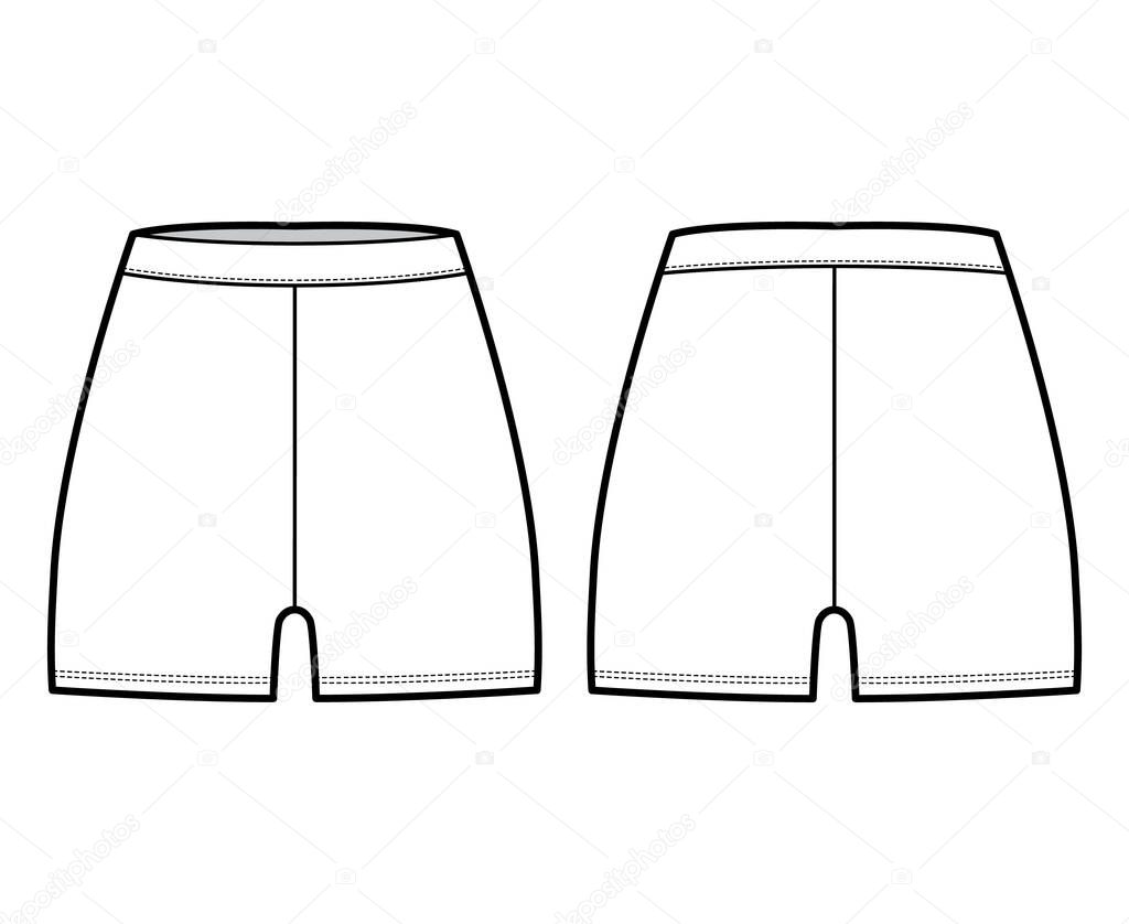 Bike shorts Leggings technical fashion illustration with natural waist, high rise, micro length. Flat training pants