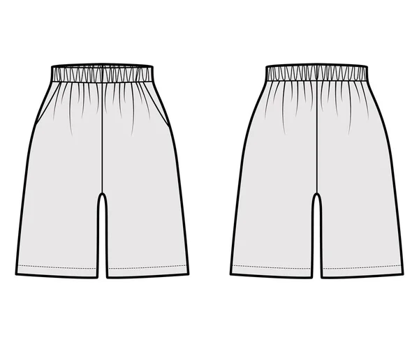 Pantalones cortos activos Entrenamiento deportivo ilustración técnica de moda con cintura elástica normal, rascacielos, cordón, bolsillos — Vector de stock