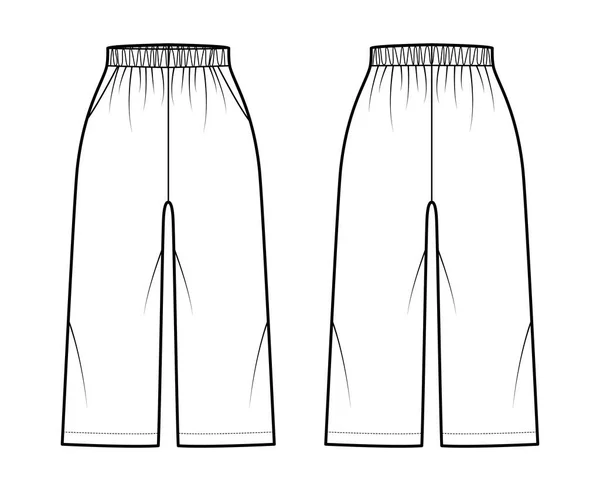 Bermuda Shorts Activewear technische Modeillustration mit elastischer normaler Taille, Hochhaus, Entspannte Passform, Wadenlänge — Stockvektor