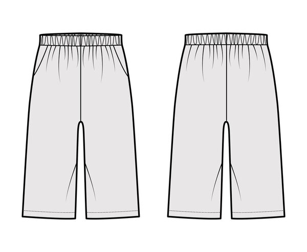 Bermuda Pocket Short technical fashion illustration with elastic low waist, rise, Relaxed fit, knee length. Flat bottom 