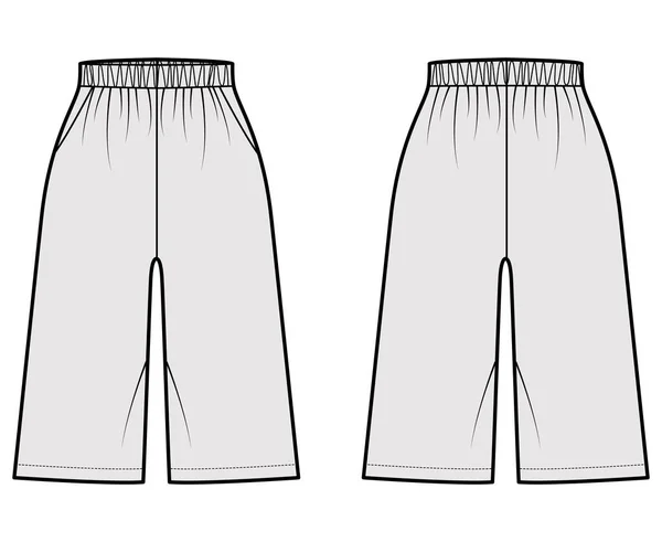 Bermuda Pocket Kort teknisk mode illustration med elastisk normal låg midja, hög uppgång, Avslappnad passform, knälängd — Stock vektor