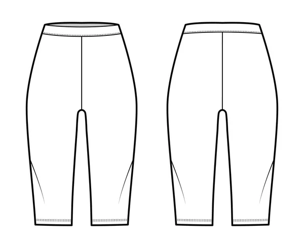 Ilustrasi mode teknis kaki bersepeda dengan pinggang alami, panjang lutut. Celana latihan olahraga datar, kasual - Stok Vektor