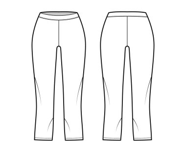 Bisiklet şortu taytlar, düşük bel, kalkış, baldır uzunluğu ile teknik moda illüstrasyonları. Düz spor pantolonu, sıradan.