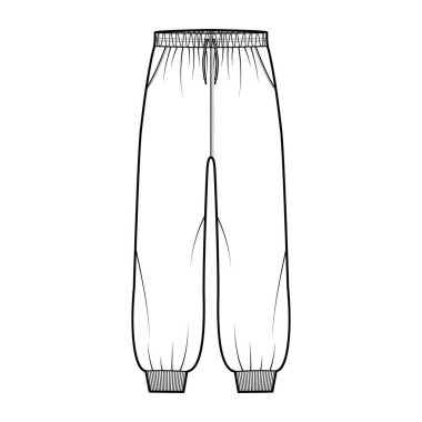 Şort eşofman altı, elastik kelepçeli teknik moda illüstrasyonları, düşük bel, yükselme, askı, ayak bileği uzunluğu