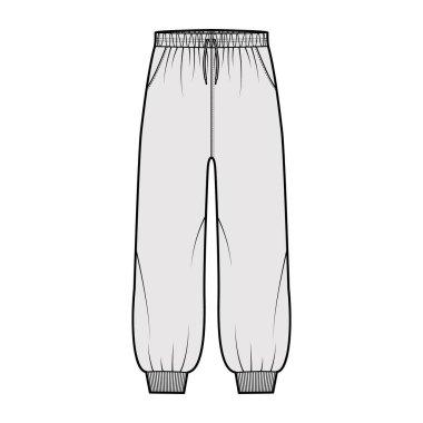 Şort eşofman altı, elastik kelepçeli teknik moda illüstrasyonları, düşük bel, yükselme, askı, ayak bileği uzunluğu