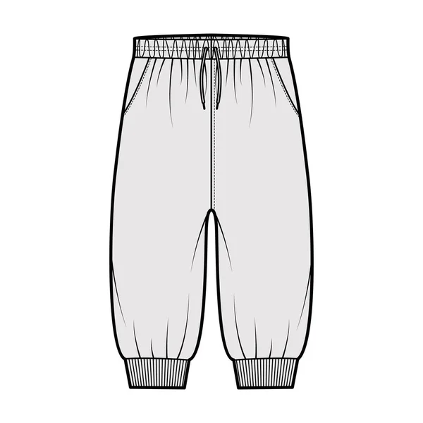 Shorts Sweatpants ilustração de moda técnica com punhos elásticos, cintura baixa, cordões, comprimento do joelho. Formação em plano —  Vetores de Stock