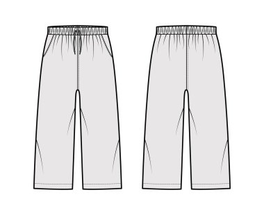 Bermuda shorts Activewear technical fashion illustration with elastic low waist, rise, drawstrings, pockets, Relaxed fit clipart