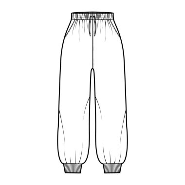 Eşofman altı, elastik kelepçeli, normal bel, yüksek bel, çizgili, midi uzunluklu teknik tasvirler.