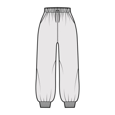 Eşofman altı, elastik kelepçeli, normal bel, yüksek bel, çizgili, midi uzunluklu teknik tasvirler.