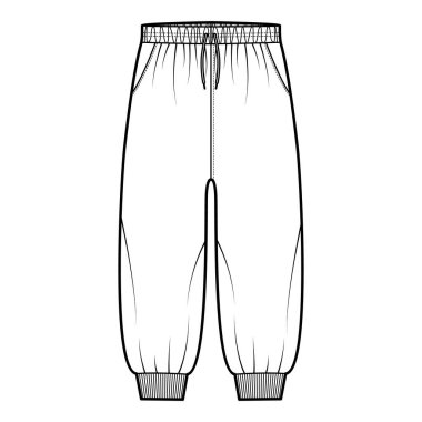 Eşofman altı, elastik kelepçe, düşük bel, yükselme, askı, baldır uzunluğu eğitimi gibi teknik tasvirler.