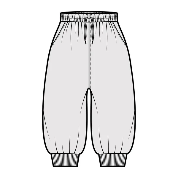 Shorts Sweatpants teknisk mode illustration med elastiska muddar, normal midja, hög uppgång, dragband, knälängd. — Stock vektor