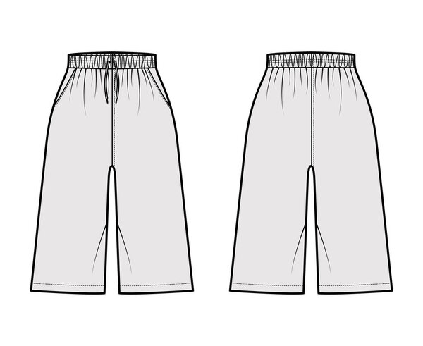 Bermuda Pocket Short technical fashion illustration with normal waist, high rise, drawstrings, Relaxed fit, knee length