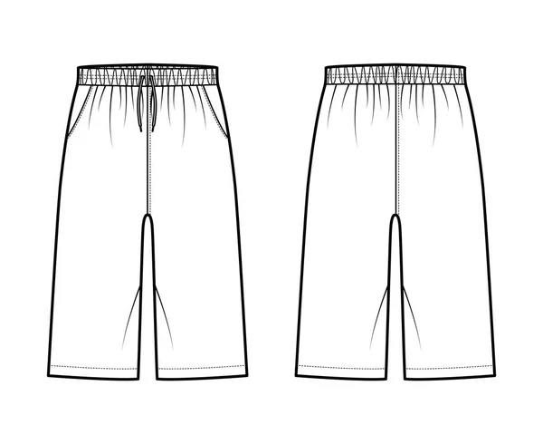Bermuda Pocket Curta ilustração de moda técnica com cintura baixa elástica, ascensão, cordões, Ajuste relaxado, comprimento do joelho — Vetor de Stock