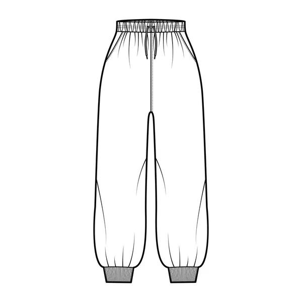 Shorts Moletom moda técnica ilustração com punhos elásticos, cintura normal, elevação alta, cordões, comprimento midi —  Vetores de Stock