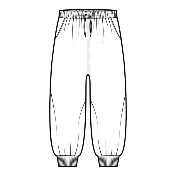 Ilustrasi busana teknis celana pendek dengan manset elastis, pinggang rendah, bangkitlah, tali celana, latihan panjang betis - Stok Vektor