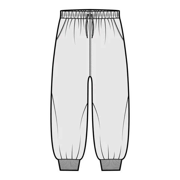 Шорты Sweatpants техническая мода иллюстрация с эластичными манжетами, низкая талия, подъем, чертежи, тренировки длиной теленка — стоковый вектор