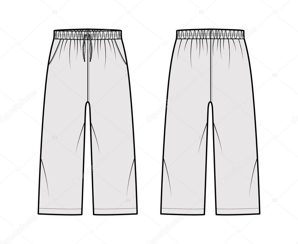 Bermuda shorts Activewear technical fashion illustration with elastic low waist, rise, drawstrings, pockets, Relaxed fit