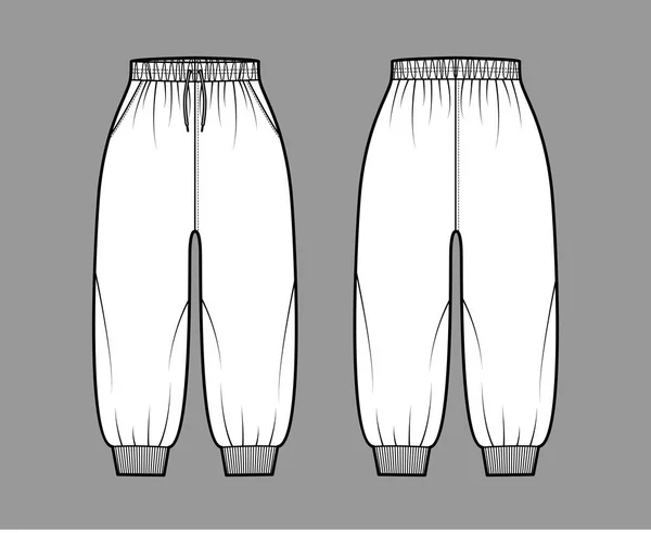 Shorts Jogginghose technische Mode Illustration mit elastischen Bündchen, normale Taille, Hochhaus, Kordelzug, Wadenlänge — Stockvektor