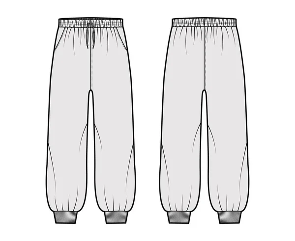 紧身裤技术时尚图例，有弹性袖口，腰围，腰围，拉绳，脚踝中段 — 图库矢量图片