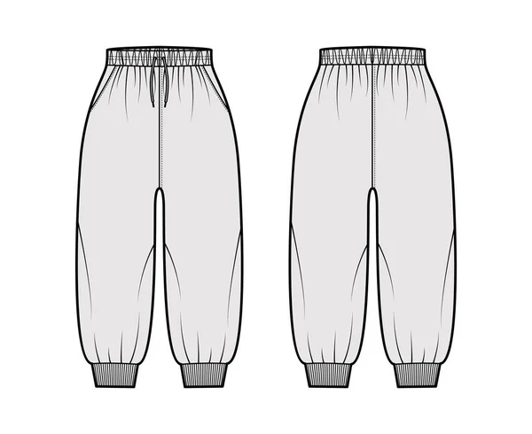 Shorts Sweatpants technical fashion illustration with elastic cuffs, normal waist, high rise, drawstrings, calf length — Stock Vector
