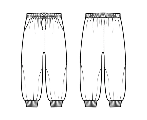 Shorts Sweatpants teknisk mode illustration med elastiska muddar, låg midja, uppgång, dragband, kalv längd träning — Stock vektor
