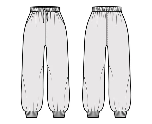 Shorts Moletom moda técnica ilustração com punhos elásticos, cintura normal, elevação alta, cordões, comprimento midi — Vetor de Stock