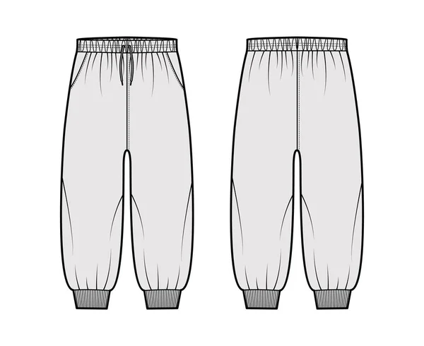 Korte broek joggingbroek technische mode illustratie met elastische manchetten, lage taille, stijgen, trekkoord, kuitlengte training — Stockvector