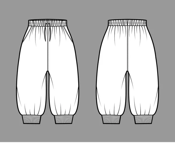 Pantalones cortos Sudadera técnica de moda ilustración con puños elásticos, cintura normal, rascacielos, cordones, longitud de rodilla. — Vector de stock