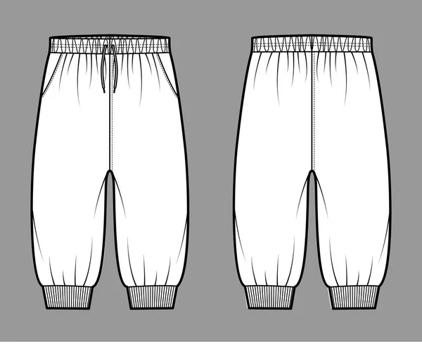 Kurze Jogginghose technische Mode Illustration mit elastischen Bündchen, niedriger Taille, Kordelzug, Knielänge. Flache Ausbildung — Stockvektor