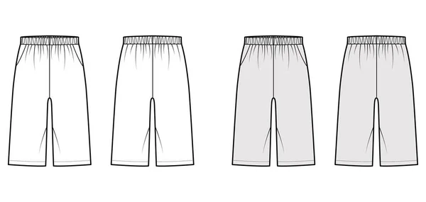 Bermudy Pocket Krátká technická módní ilustrace s elastickým nízkým pasem, vzestup, Uvolněná kondice, délka kolena. Rovné dno — Stockový vektor