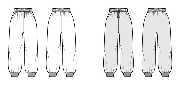 紧身裤技术时尚图例，有弹性袖口，通常的腰围，高耸，拉绳，中长 — 图库矢量图片