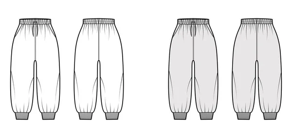 紧身裤技术时尚图例，有弹性袖口，正常腰围，高耸，拉绳，小腿长 — 图库矢量图片
